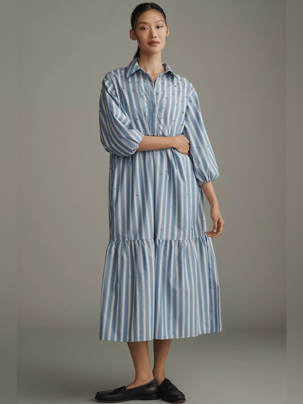 NWT The Bettina Embellished Tiered Shirt Dress blue and white Size XS